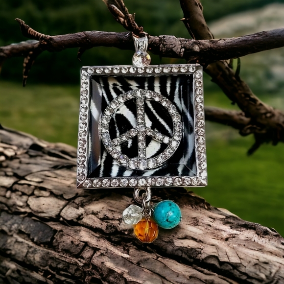 Vintage Jewelry - Hand Crafted Vintage Shadowbox Rhinestone Peace Sign Pendant